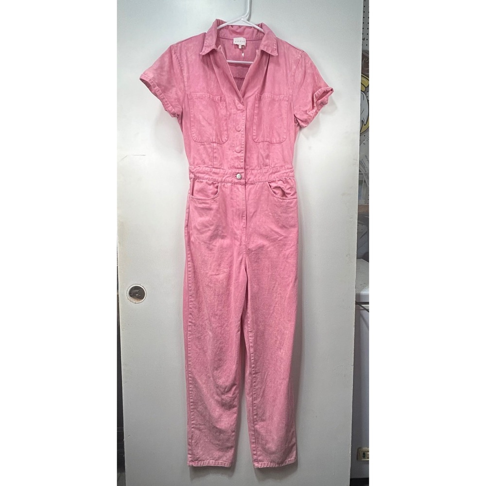 Entro Pink Utility Jumpsuit Short Sleeve Denim Acid Wash Boiler Suit Small - Picture 2 of 10